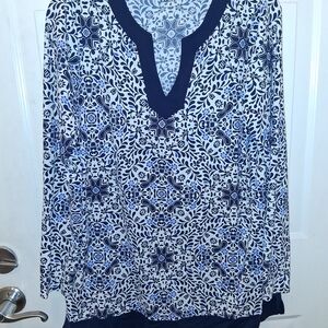 Lands' End Blue and White Patterned Blouse